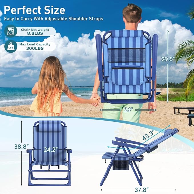Suteck Backpack Beach Chairs for Adults 2 Pack 6-Position Folding Reclining Chair with Cooler Bag &amp Cup Holder Lightweight Portable Beach Chair for Camping Outdoor Sand Travel Use