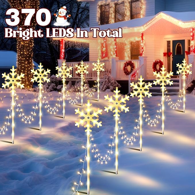 10 Pcs Christmas Snowflake Pathway Stake Lights for Outdoor Yard 370 Bright LEDs Waterproof Large Christmas Snowflake Light Decoration for Garden Lawn Driveway Walkway Decor (Warm White)