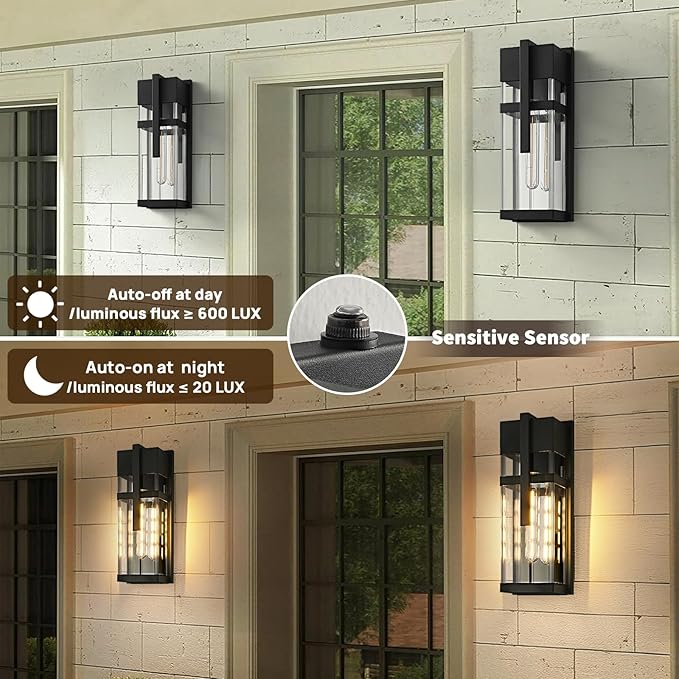 Dusk to Dawn Outdoor Wall Light Waterproof Exterior Lighting Fixtures Black Outdoor Sconces Lights with Tempered Glass 15''H Outside Lantern for Porch Patio Garage2-PackBulb Included