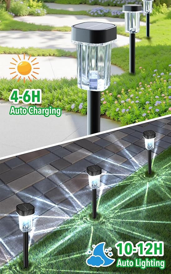 Solar Pathway Lights Outdoor 12 Pack - IP55 Waterproof Solar Powered Garden Lights 6000K Cold White LED Auto On/Off Outdoor Solar Lights for Yard Driveway Patio Decor Landscape Lighting