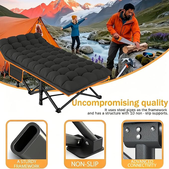 DEYUI Portable Adult Sleeping Bed Frame with Mattress | 755/655/55/455/355 lbs Weight Capacity Foldable Guest/Camping Bed Ideal for Teenagers and Adults (555lbs Black Set with Mattress)