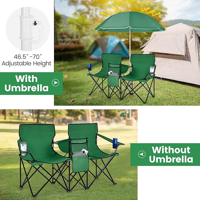COSTWAY Double Portable Picnic Chairs Folding Camping Chairs w/Detachable Umbrella Cooler Bag Cup Holders Patio Beach Camping Chairs for Outdoors Green