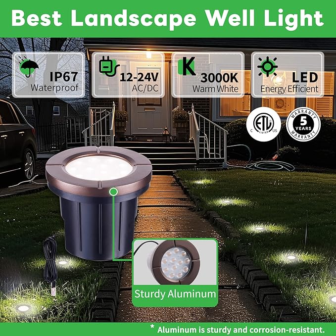 Landscape Well Light Kit 8 Pack LED Low Voltage In Ground Lights and 100W Transformer and 100FT Cable and 30 Wire Connectors IP67 Waterproof 12V Outdoor Aluminum for Sidewalk Tree Path
