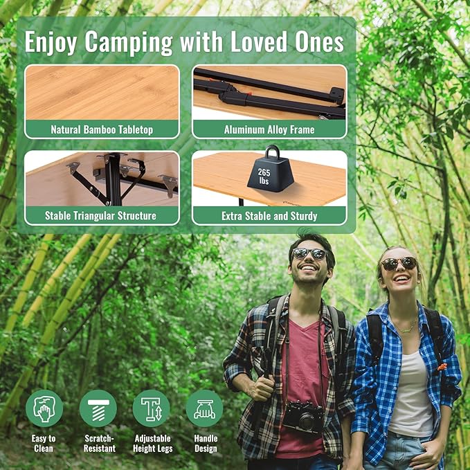 KingCamp 4-Fold Bamboo Camping Table with Serrated Adjustable Legs (16.5 to 27.6) Heavy-Duty Aluminum Frame &amp Carry Bag for Outdoor RV Picnic Beach