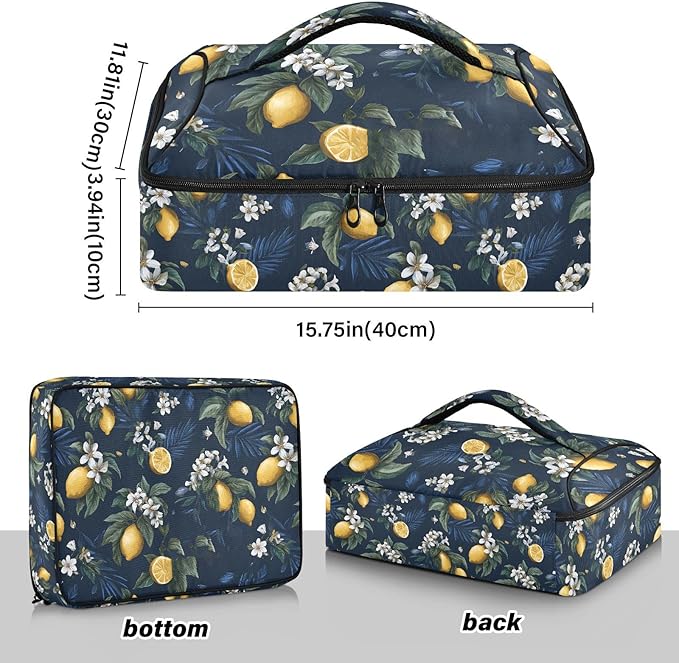 Casserole Carrier Pattern Lemons and FlowersInsulated Casserole Carrier for Hot or Cold Food Thermal Lunch Tote for Potluck Parties Picnic Beach Fits 9 x 13 Inches Baking Dish
