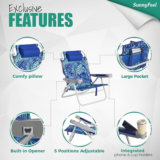 SUNNYFEEL Extra Wide Low Beach Chair 5 Position Lay Flat 500 LBS Heavy Duty XL Oversized Portable Folding Camping Chairs with Cup Holder for Outdoor/Trip Lightweight Backpack Beach Chair for Adults