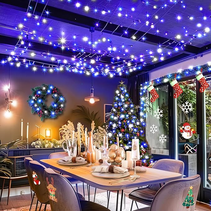 KNONEW Outdoor Christmas Lights 500 LED 197ft String Lights 8 Modes &amp Memory Fairy Light Plug in Waterproof LED String Lights for Xmas Yard Tree Wedding Party (Blue and White)