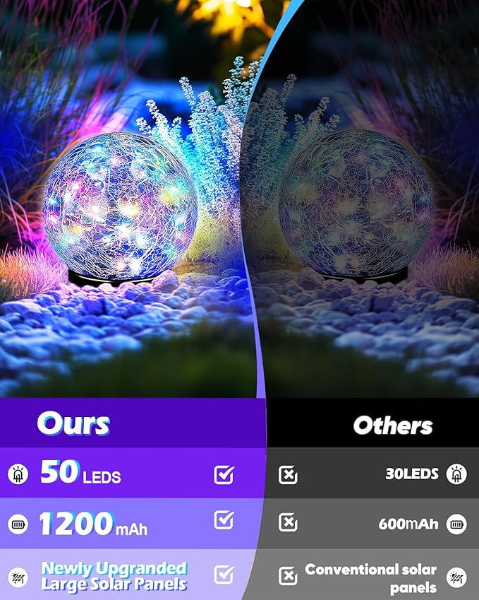 Coroor Garden Solar Ball Lights Outdoor Waterproof 50 LED Cracked Glass Globe Solar Power Ground Lights for Path Yard Patio Lawn Outdoor Decoration Landscape Colorful(2 Pack 4.7'')