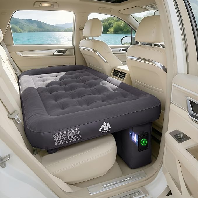 AYAMAYA Car Air Mattress Back Seat Inflatable Car Bed with Built-in Cordless Rechargeable Air Pump for SUV Sedan All-in-One Car Mattress with Pillow &amp Support Column for Camping Road Trip Tra