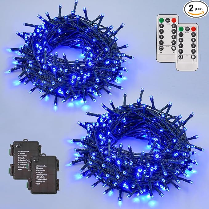 YEGUO Christmas Lights Battery Operated 2 Pack Each 33ft 100 LED Blue String Lights Outdoor Waterproof 8 Modes Green Wire Fairy Light Indoor with Remote
