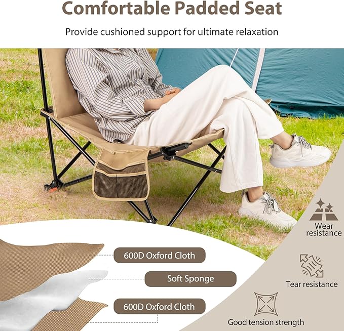 Tangkula Padded Camping Chairs Set of 2 Portable Folding Lawn Chair with Adjustable Backrest Padded Seat Carrying Bag Heavy-Duty Frame for Camp Beach Lawn Fishing Travel Sports 500 LBS Capacity