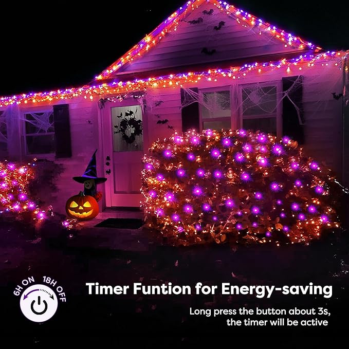 BlcTec Halloween Lights Outdoor 360 LED 9.8ft x 6.6 Orange Purple Halloween Mesh Lights with 8 Modes Timer Connectable Waterproof and Green Wire Design for Lawn Bushes Outdoor Holiday Decorations