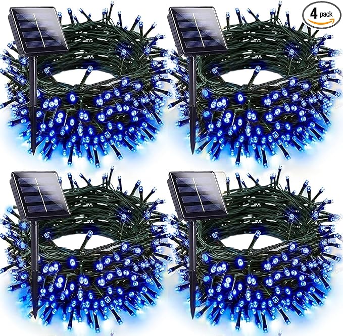 Solar Christmas Lights Outdoor Decorations Waterproof Tatal 4 Pack 400LED 132FT Blue Solar String Lights Green Wire with 8 Modes Christmas Fairy Light for Xmas Tree Party Wedding Yard Garden Decor