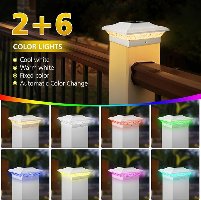 T-SUN Solar Post Cap Lights with Auto-Change Colors- for Vinyl/Wooden Posts Weatherproof Outdoor Solar Fence Post Lights for Deck Porch Garden &amp Stairs(12-PackRGB)