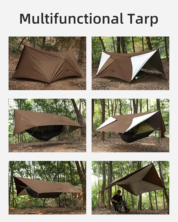 Ultralight Tarp 14ft Hammock Rain Fly Lightweight Waterproof Camping Tent Tarp with Doors Bushcraft Tarp Shelter for Backpacking Hiking Camping