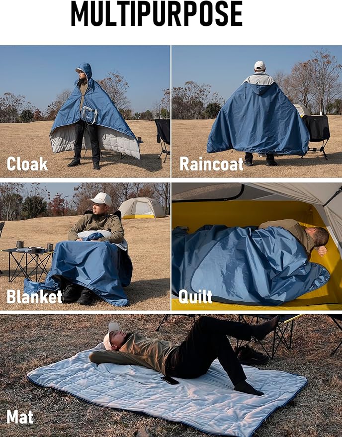 iClimb Heated Waterproof Camping Stadium Blanket with Hood and 5V 10000mAh Battery Pack All Season Outdoor Indoor (Blue)