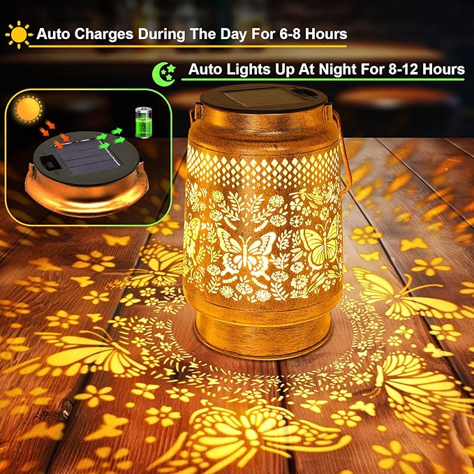 Solar Lanterns Outdoor Butterfly Garden Decor Gifts for Women Mom Grandma Birthday Waterproof Metal Hanging Solar Lights LED Decoration with Shepherd Hook Outside for Yard Patio Lawn Porch