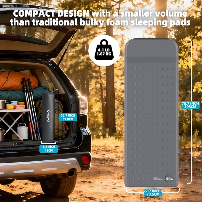 KASIMO Memory Sleeping Pad for Camping 3 Compact Ultra-Thick Foam Sleeping Mats with Pillow 9.5 R-Value Insulated Camping Mattress Pad or Car Travel Backpacking TentHome