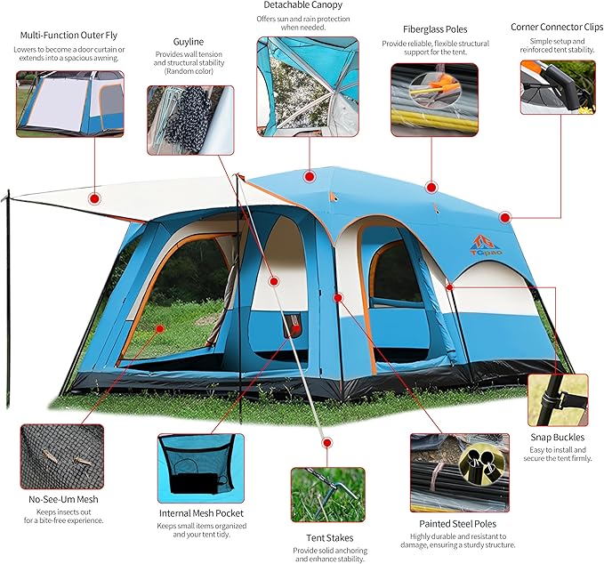 Large Family Standing Upright Camping Tent - 5-12 Persons Multi-Room Waterproof Tent with Screened Porch - Glamping Tent for Outdoor Camping &amp Family Vacation