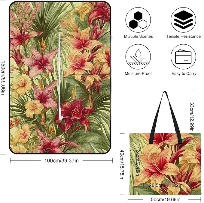 Zipper Tropical Palm Flower Style Picnic Mat Suitable for Travel Camping Park Or Home Use