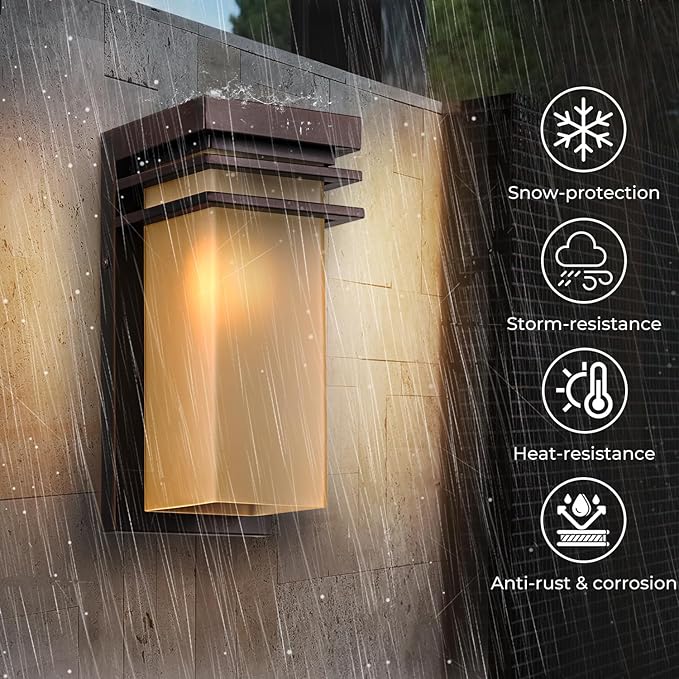Outdoor Wall Sconce Exterior with Antique Amber Glass Modern Porch Lights Fixture Wall Mount 12 inch Bronze Patio Lighting for House Garage E26 Base