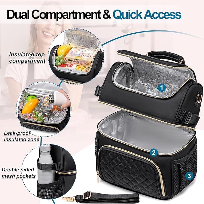 Lunch Bags for Women Dual Compartment Lunch Box Lunch Bag for Work Leakproof Lunch Cooler Large Insulated Lunchbox for Adult for Women Men Lunchbag for Picnic Beach (Black)