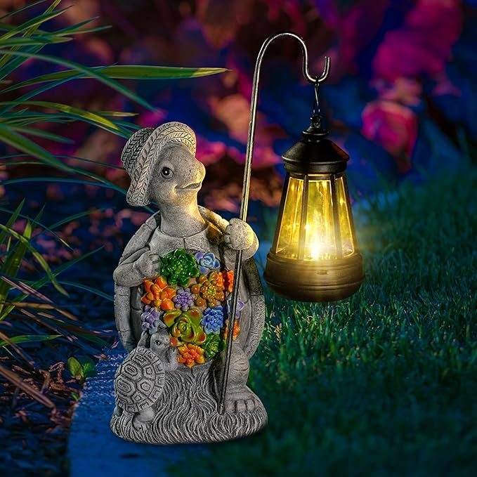 Solar Garden Outdoor Statue Turtle with Hanging LED Lantern —Outside Solar Turtle Decor for GardenHomeLawnYard Balcony Ornament- Unique Housewarming Gifts