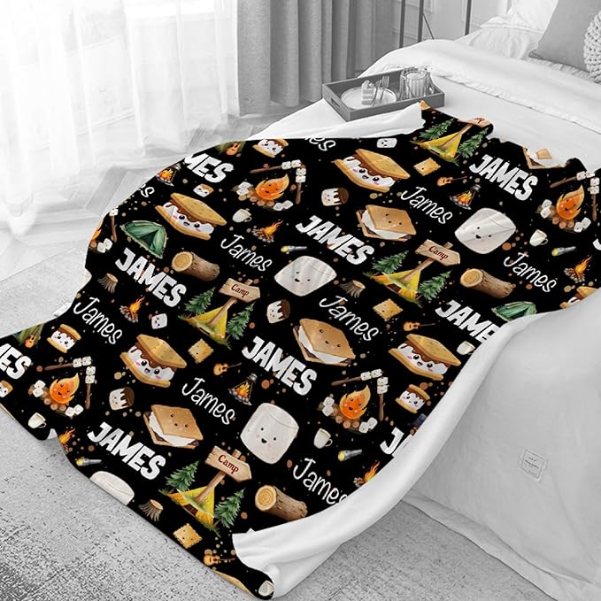 Custom Marshmallow Blanket with Name | Personalized Camping Blanket for Girls Boys | Ultra Soft Customized S'Mores Throw for Couch/Sofa/Travel/Camping Home Decor - 40x50-Kids/Throw Size