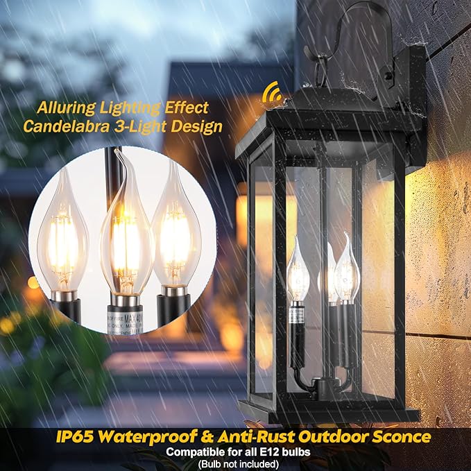 2-Pack Dusk to Dawn Outdoor Lighting 23 Inch Extra Large 3-Light Modern Black Outdoor Wall Lights Exterior Lighting Fixtures IP65 Waterproof Outdoor Lanterns Photocell Sensor E12