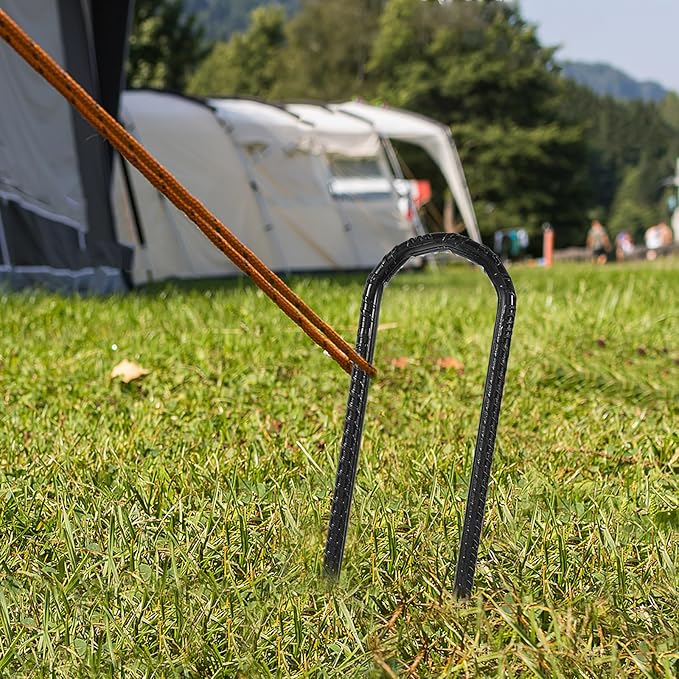 4pcs Heavy Duty Steel U-Shaped Tent Stake Anchors 8x300mm Black Wind Stakes for Camping Garden Landscaping Ground Staples