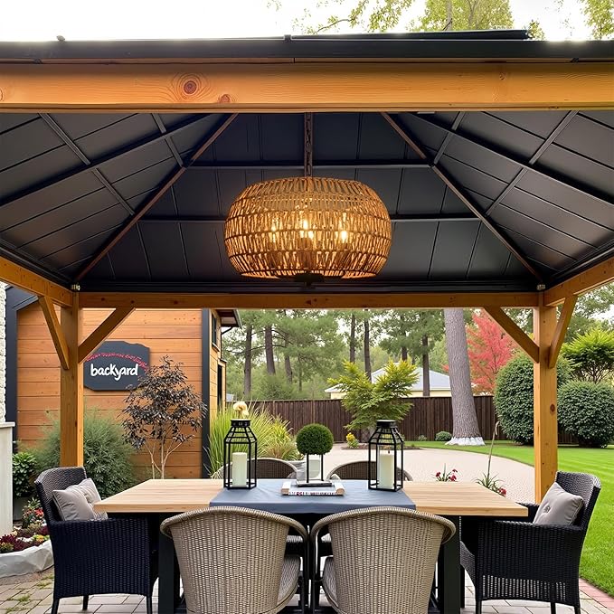 Outdoor Solar Chandelier 4-Light 19 Rattan Outdoor Chandelier Hanging Pendant Lights Waterproof for Gazebo Pergola Porch Patio