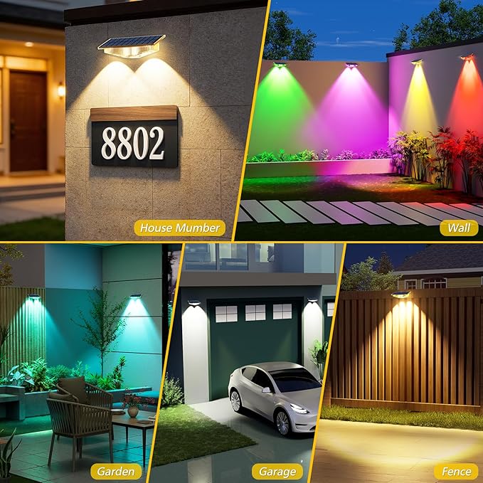 Solar Lights Outdoor for Mailbox House Numbers Address Sign with 6 RGB Colors/Warm White/Cool White IP65 Waterproof Fence Lights Solar Powered Dusk to Dawn Wall Light Outside (4 Pack)