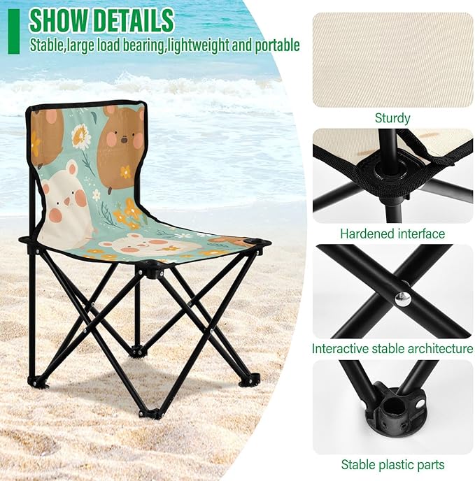 Cute Animal Portable Camping Chairs Folding Chair - Durable Oxford Fabric Lightweight Iron Frame Easy Fold Design - Ideal for Outdoor Activities Camping Fishing and Travel
