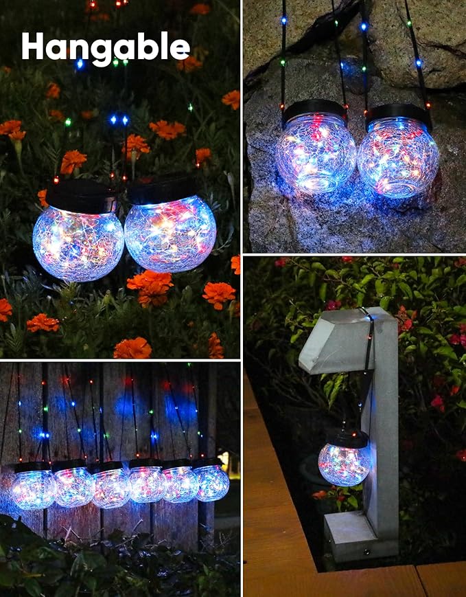 PARTPHONER Solar Lights Outdoor Waterproof 12-Pack Solar Powered Hanging Lantern Cracked Glass Hanging Globes for Yard Decor Christmas Decoration Shepherd Hook Garden Tree Ornaments RGB