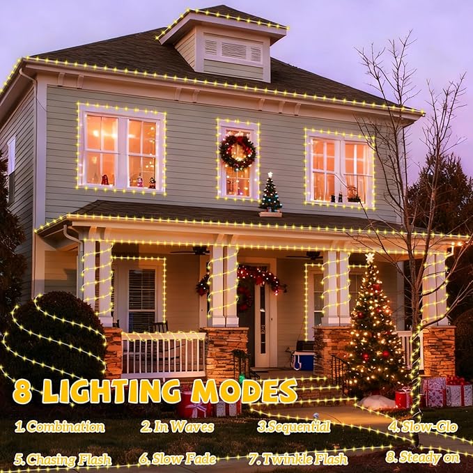 YEGUO Solar Valentines Light Outdoor Waterproof 66ft 200 LED Warm White Rope Lights 8 Modes Tube Christmas String Lights in Clear Thin Tube