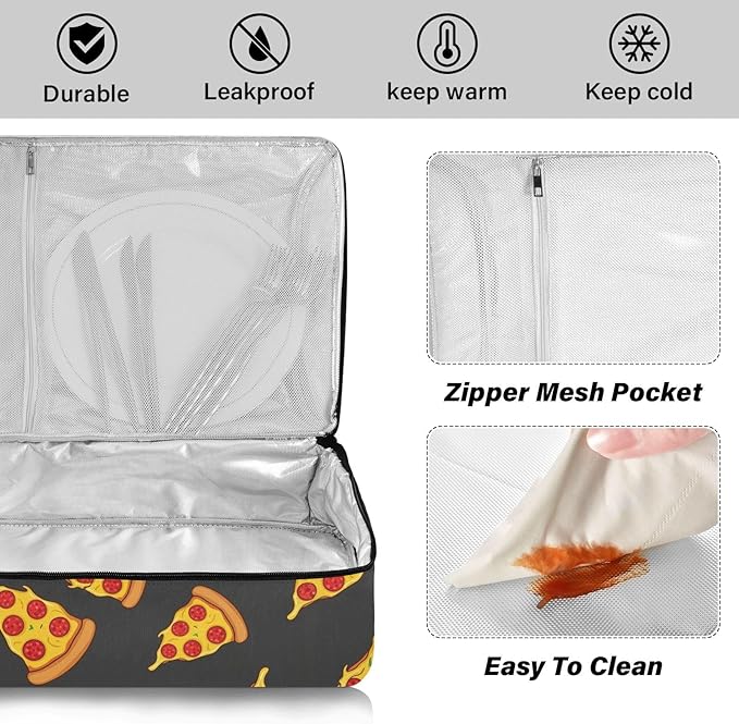 Fries Pizza Black Pattern Insulated Casserole Carrier for Hot or Cold Food Thermal Lasagna Holder Tote Casserole Dish Carrier Bag for Potluck Picnic Camping Parties Fits 9x13 Baking Dish