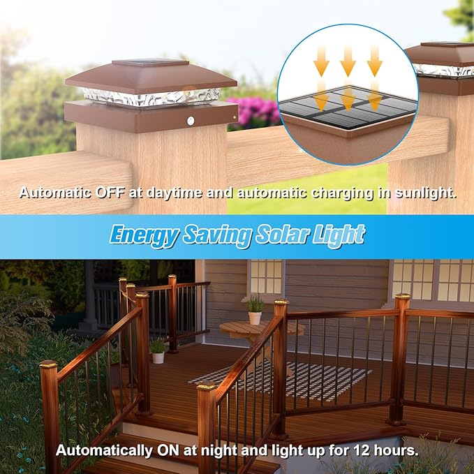 VOLISUN 4x4 Solar Post Cap Light 8packSolar Fence - Post Lights Brown Outdoor Waterproof for Wooden/Vinyl Post with Warm White for Deck