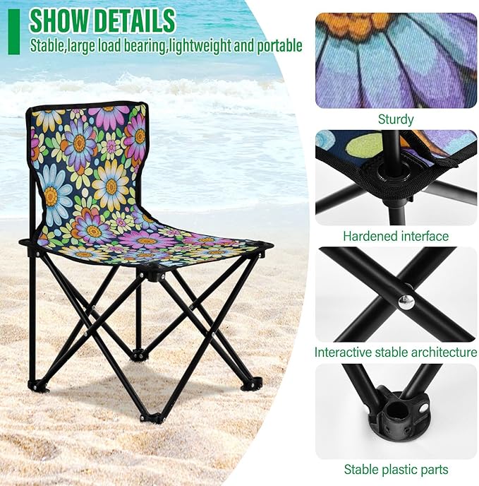 Boho Daisy Floral Colorful Foldable Camp Chairs Ultra-Lightweight Beach Chairs Includes Carry Bag