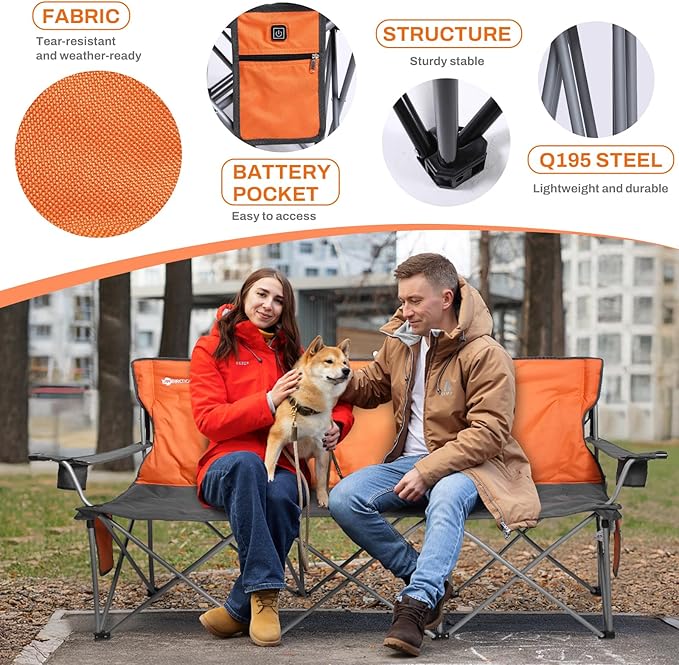 ANTARCTICA GEAR Heated Double Camping Chair with 12V 15000mAh Battery Pack - Heavy-Duty XL Folding Bench for Outdoor Campsites Tailgating - Portable Heated Seating with Adjustable Warmth