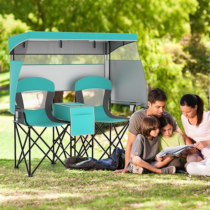 S AFSTAR Camping Chair with Canopy 2-Person Folding Beach Chair with Cup Holders 3-Side Shading Curtains &amp Cooler Bag Foldable Loveseat Lawn Chair for Camping Outdoor &amp Fishing (Turquoise)