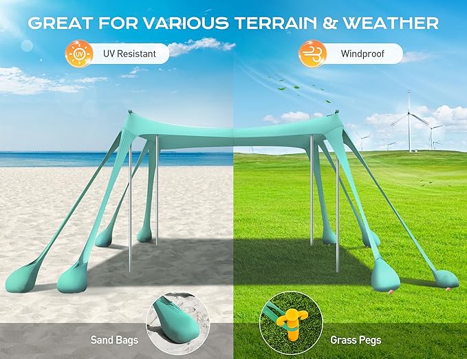 Rengue Beach Tent Beach Canopy UPF50+ UV Protection 10x10ft Beach Shade Sun Shelter with 8 Sandbags Sand Shovels Ground Peg Stability Poles for Camping Fishing Picnic Backyard Fun Light Green