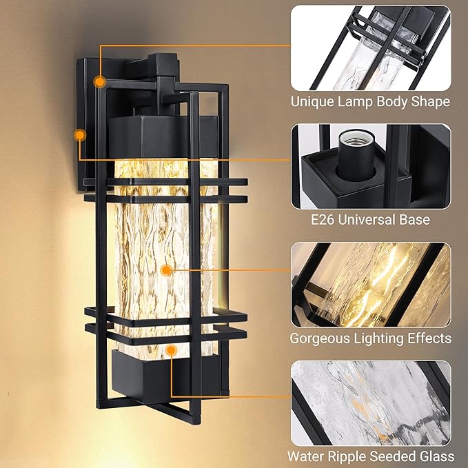 Outdoor Front Porch Light Fixtures Wall Mount Water Ripple Outdoor Wall Lantern2 Pack Black Exterior Lighting Fixtures Waterproof Sconce Lights Outside Lantern Lamp for Garage(Bulb Included)