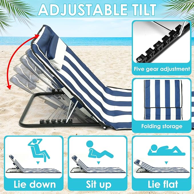 Oxford Cloth Beach Sun Chair Mat Adjustable Tilt Angle Folding Tanning Mat Waterproof Lounge Chair with Storage Pocket for Outdoor Camping Garden Park Holidays (Blove &amp White Splice)