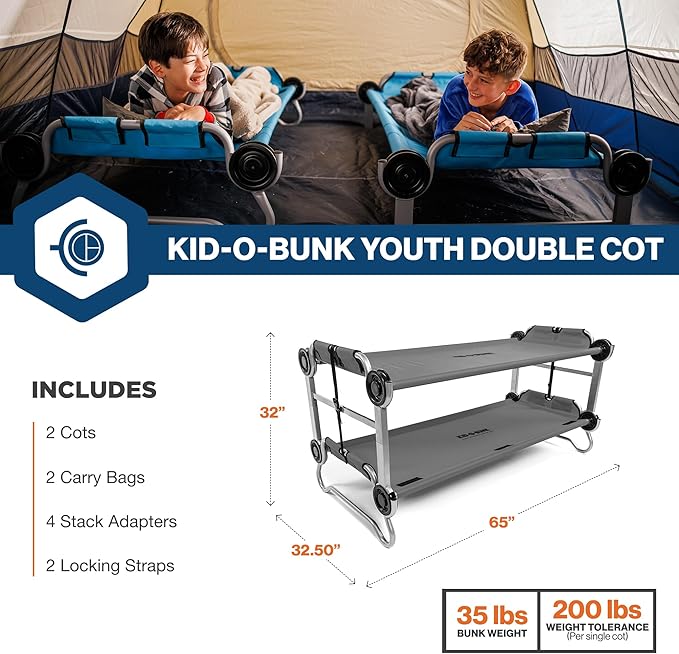 Disc-O-Bed Youth Double Cot Kid-O-Bunk Modular for Bunk Beds Dual Cots or Bench with 2 Carry Bags for Portable Transport