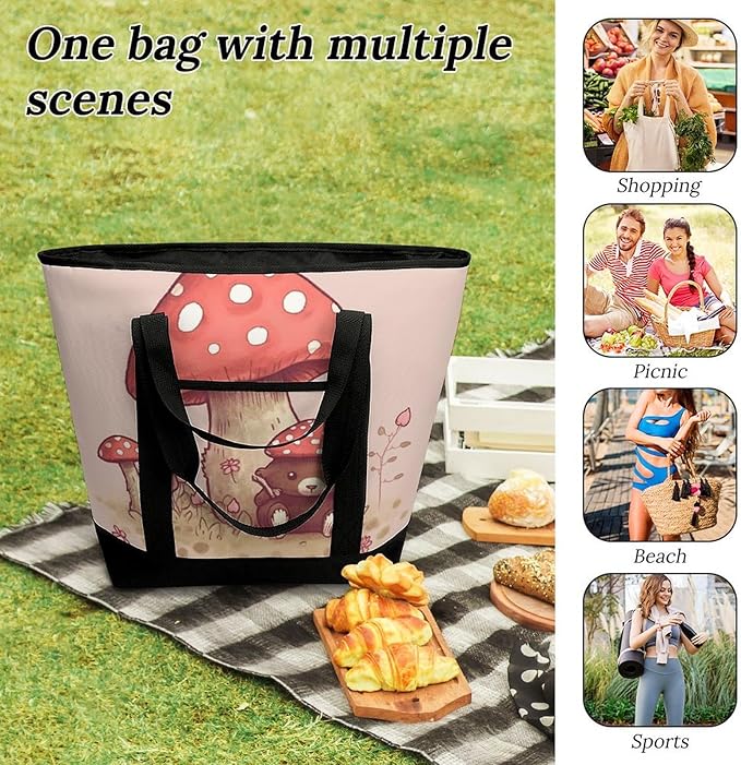 Insulated Shopping BagLarge Reusable Cooler Bags Bear And Mushroom Printed Foldable Shopping BagTravel Waterproof Shoulder Bag