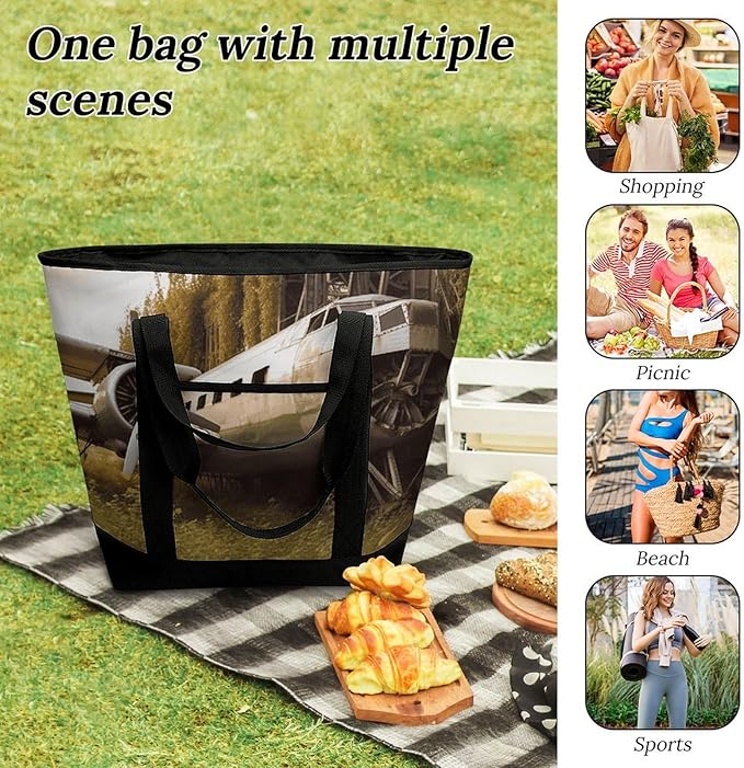 Insulated Shopping BagLarge Reusable Cooler Bags Abandoned Plane Printed Foldable Shopping BagTravel Waterproof Shoulder Bag