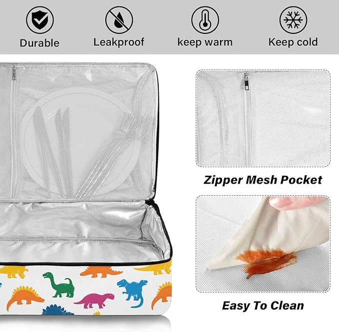 Casserole Carrier Cartoon Dinosaur PrintInsulated Casserole Carrier for Hot or Cold Food Thermal Lunch Tote for Potluck Parties Picnic Beach Fits 9 x 13 Inches Baking Dish