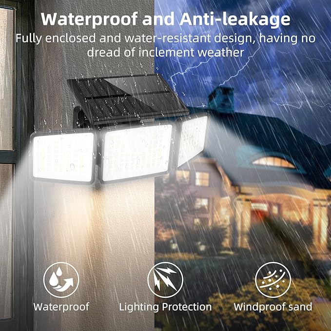 2500LM Solar Lights Outdoor with Motion Sensor3 Head 270° Wide Angle Street Area LightsIP65 Waterproof Security Lighting with 3 Modes(Remote3 Pcs)