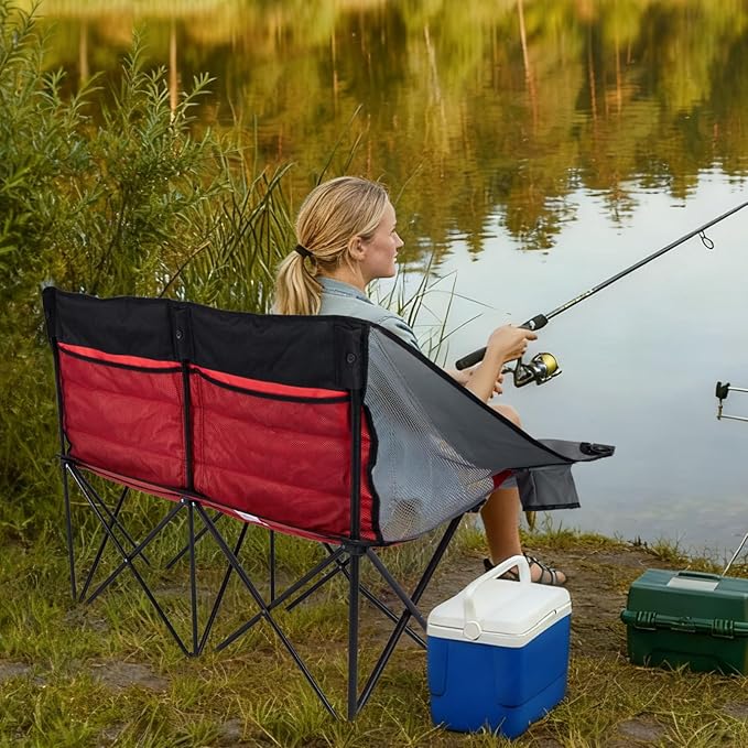 Double Camping Chair Outdoor 2-Seater Oversized 2 Person Portable Folding Lawn Chair with Cup Holders &amp Mesh Storage Pocket for Picnic Camping Beach Sports Hiking