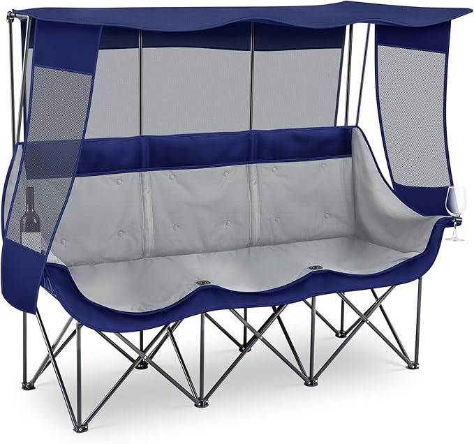 3 Person Camping Chair with Canopy Shade 700lbs Heavy Duty Oversized Beach Camping Chair with Thick Cushion Cup Holder and Carry Bag Foldable Portable Sofa for Lawn Beach Outdoor